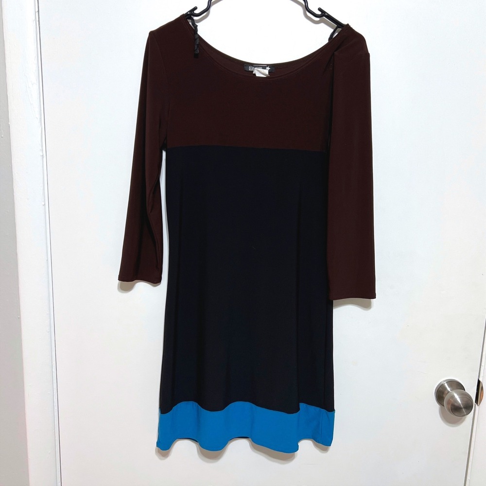 Vintage Star Vixen Womens Colorblock Dress Sz L Brown Black Teal 3/4 Sleeve Y2K‎
